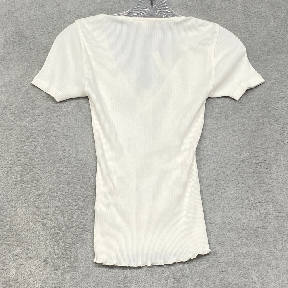 Madewell Shirt Womens XXS White Lace Trim Ribbed V Neck Short Sleeve Top NY958 - Picture 9 of 10